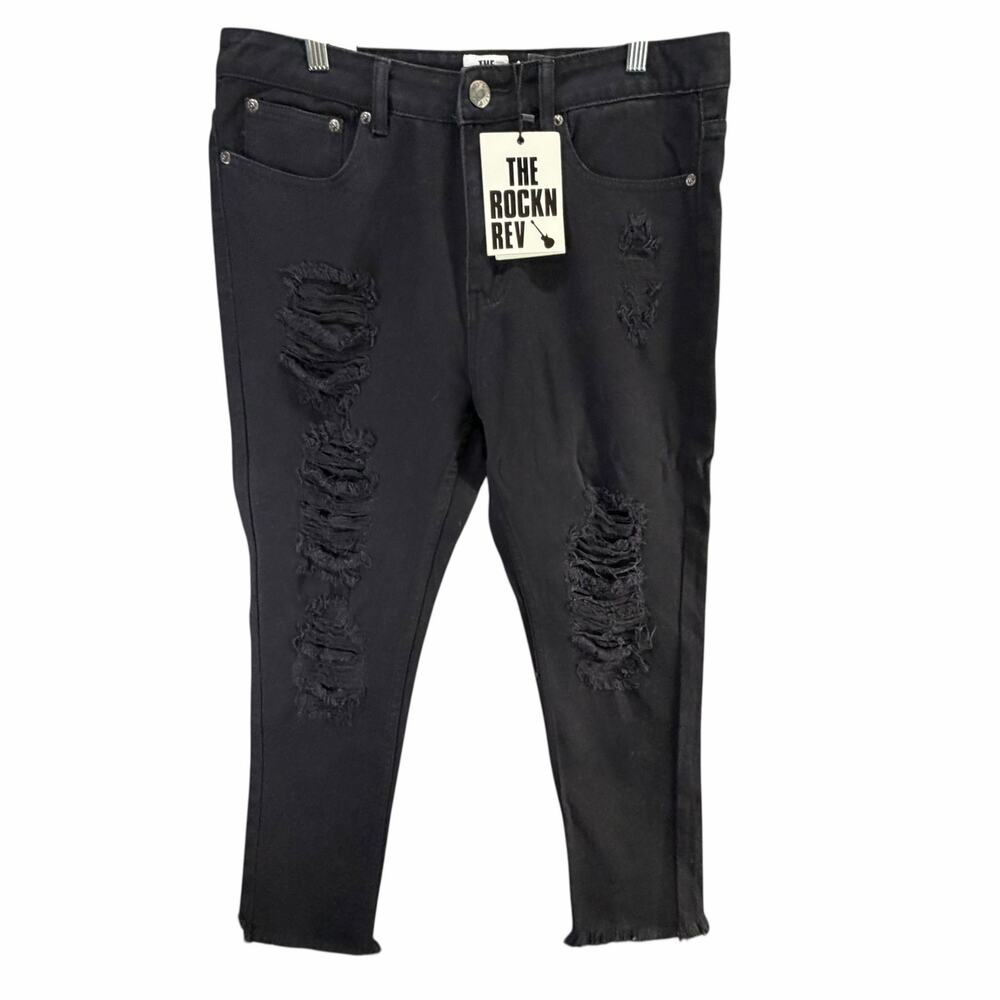 The Rockn Rev Boyfriend Jeans Womens 10 Black Midrise Distressed Modern Grunge